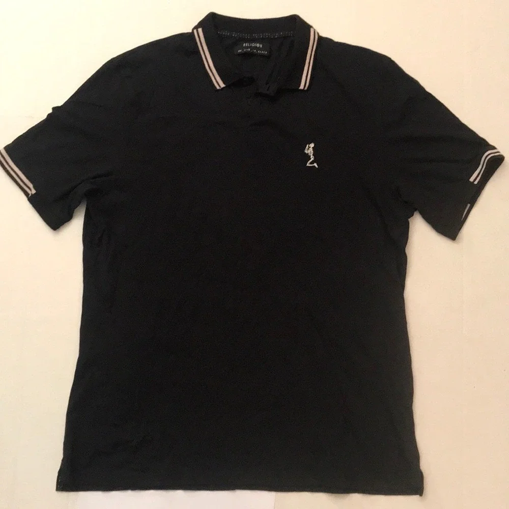 Religion Brand Black Men's Size Large Short Sleeve Polo Praying Skeleton Cotton